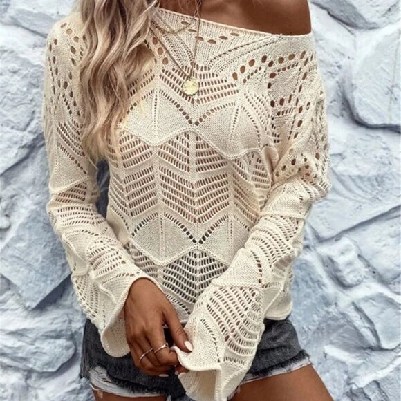 2/$50 Ivory Beige Lace Knit Crochet Chevron Sweater Pullover Long Sleeve Top L - Picture 6 of 9